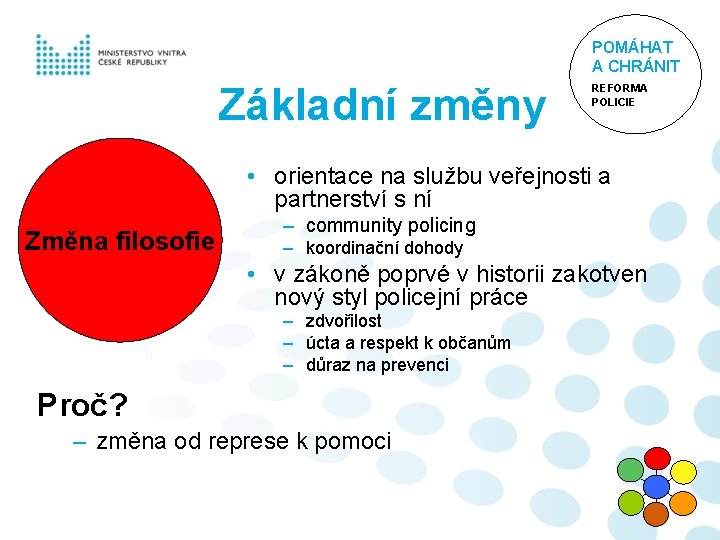 POMÁHAT A CHRÁNIT Základní změny REFORMA POLICIE • orientace na službu veřejnosti a partnerství