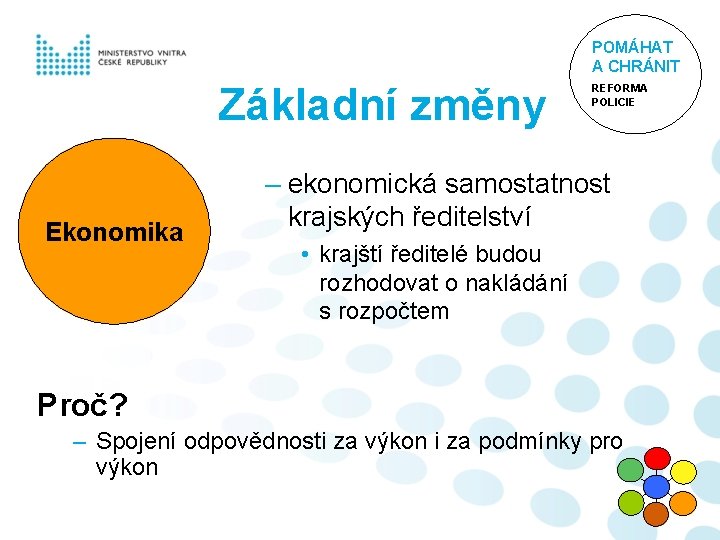 POMÁHAT A CHRÁNIT Základní změny Ekonomika REFORMA POLICIE – ekonomická samostatnost krajských ředitelství •