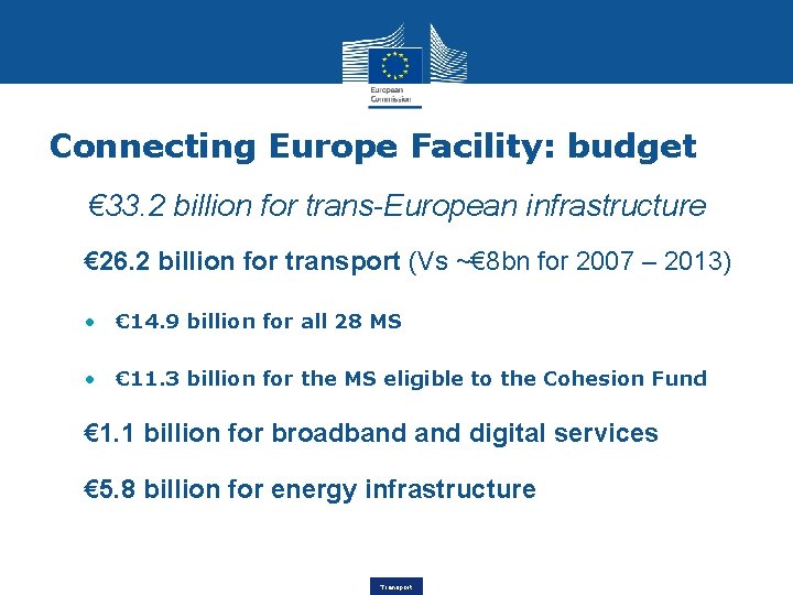 Connecting Europe Facility: budget € 33. 2 billion for trans-European infrastructure € 26. 2