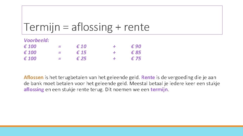 Termijn = aflossing + rente Voorbeeld: € 100 = = = € 10 €