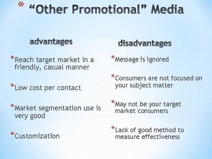 * *Reach target market in a friendly, casual manner *Low cost per contact *Market