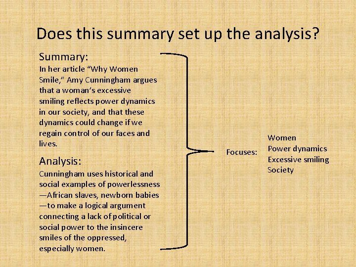 Does this summary set up the analysis? Summary: In her article “Why Women Smile,