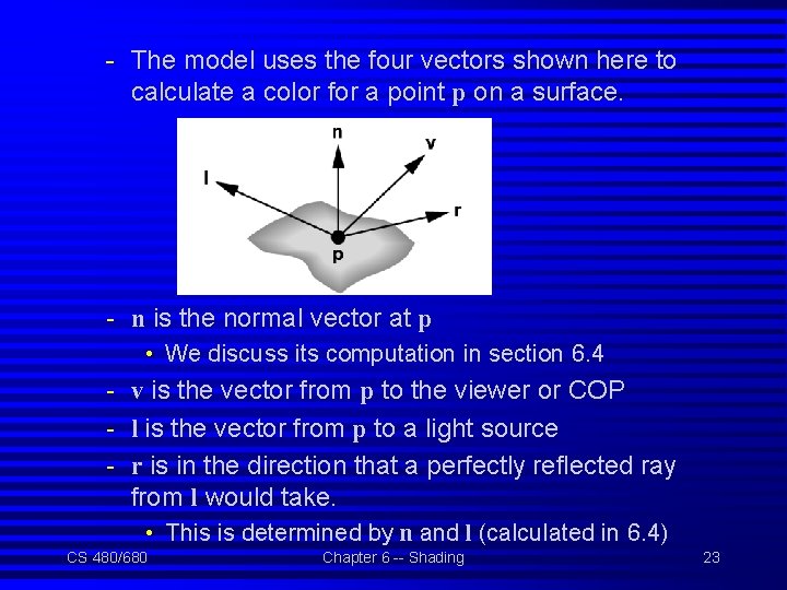 - The model uses the four vectors shown here to calculate a color for