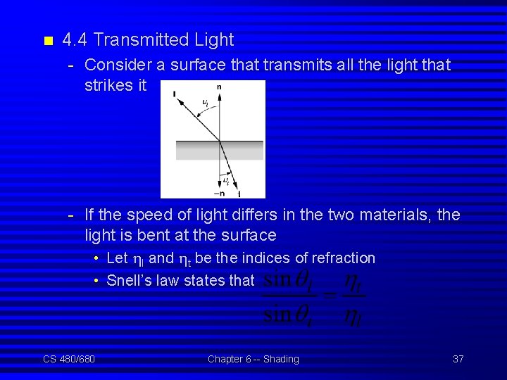n 4. 4 Transmitted Light - Consider a surface that transmits all the light