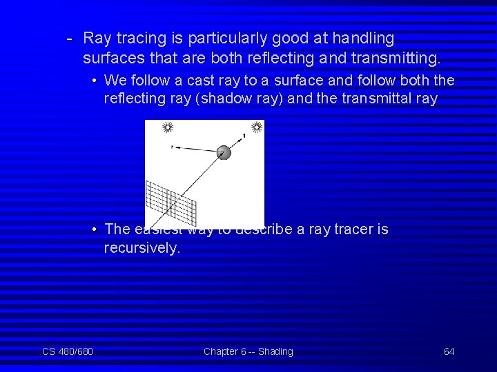 - Ray tracing is particularly good at handling surfaces that are both reflecting and