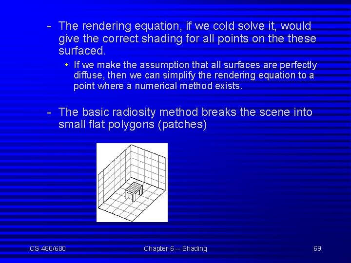 - The rendering equation, if we cold solve it, would give the correct shading