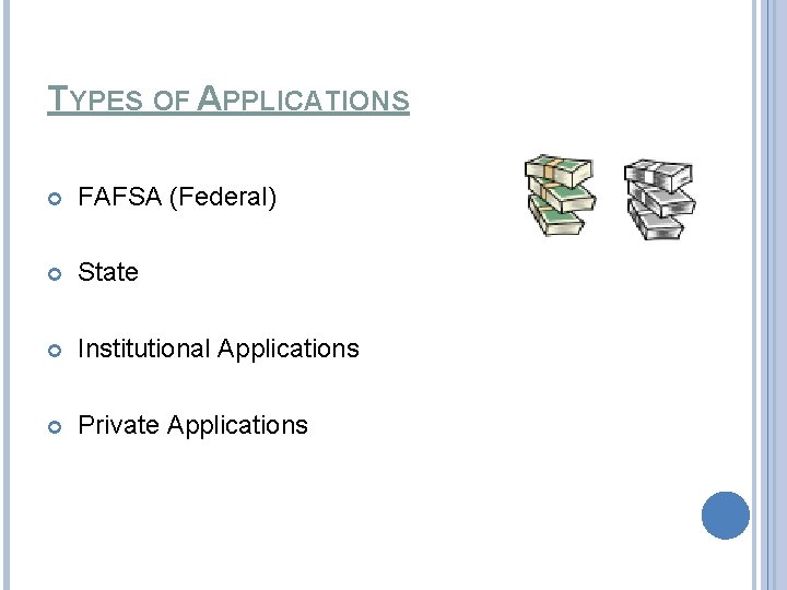 TYPES OF APPLICATIONS FAFSA (Federal) State Institutional Applications Private Applications 