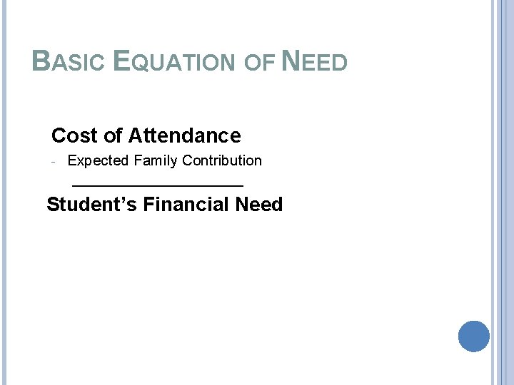 BASIC EQUATION OF NEED Cost of Attendance - Expected Family Contribution ____________ Student’s Financial