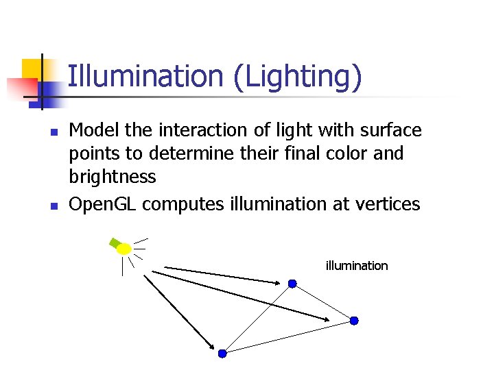 Illumination (Lighting) n n Model the interaction of light with surface points to determine