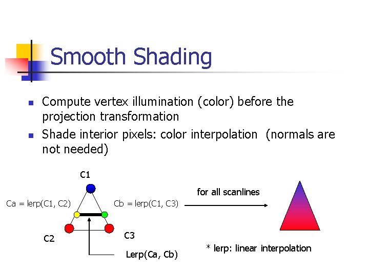 Smooth Shading n n Compute vertex illumination (color) before the projection transformation Shade interior