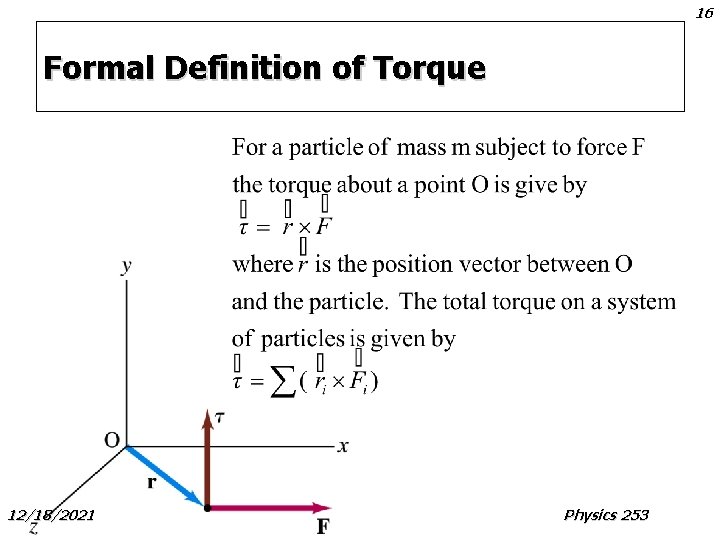 16 Formal Definition of Torque 12/18/2021 Physics 253 