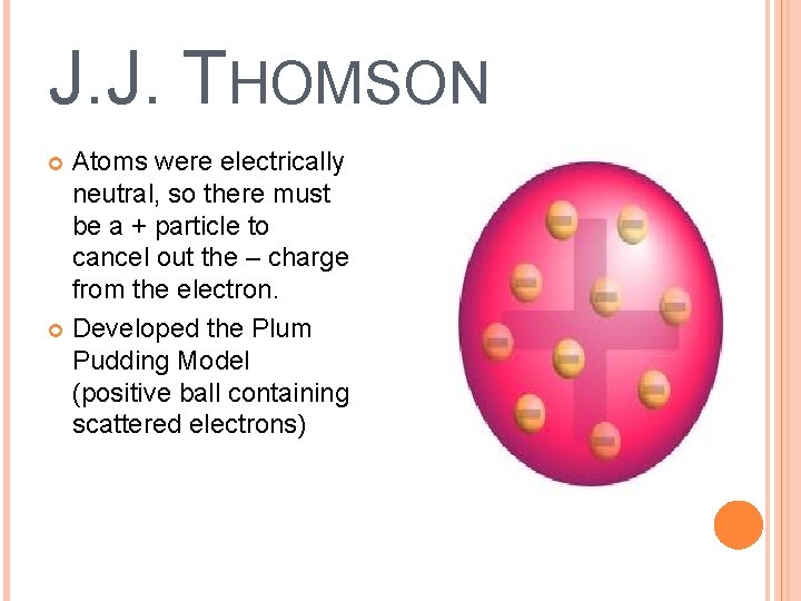 J. J. THOMSON Atoms were electrically neutral, so there must be a + particle