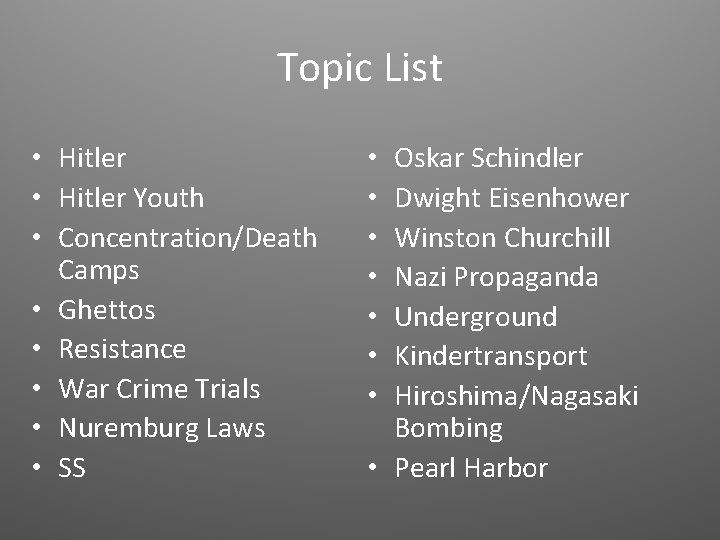 Topic List • Hitler Youth • Concentration/Death Camps • Ghettos • Resistance • War