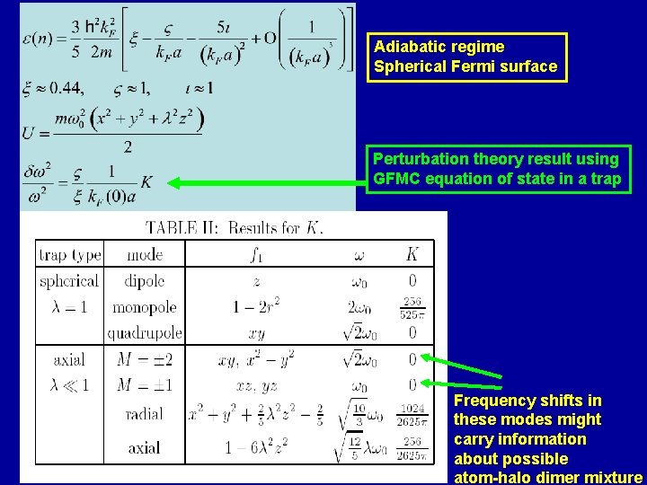 Adiabatic regime Spherical Fermi surface Perturbation theory result using GFMC equation of state in