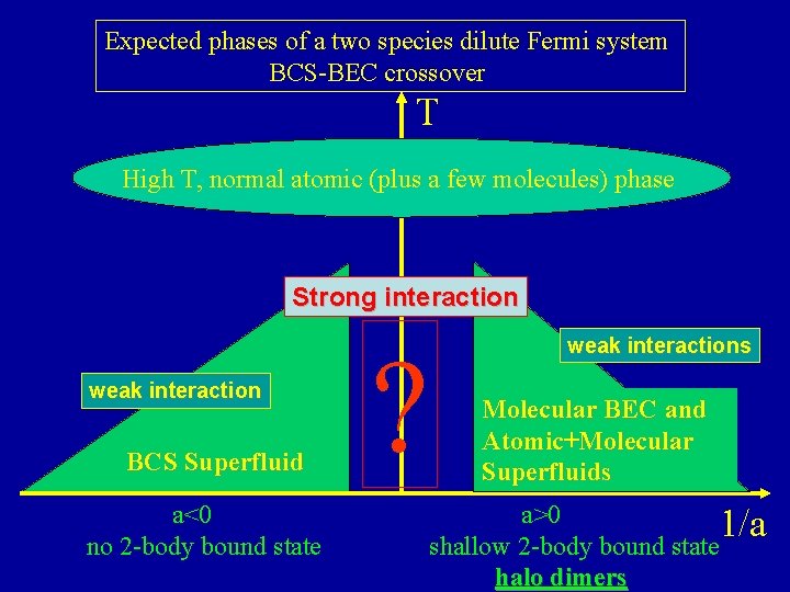 Expected phases of a two species dilute Fermi system BCS-BEC crossover T High T,