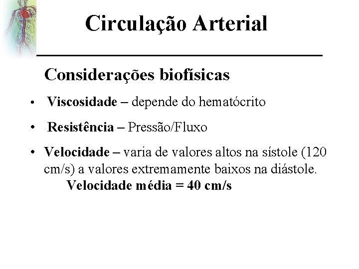 Circulação Arterial Considerações biofísicas • Viscosidade – depende do hematócrito • Resistência – Pressão/Fluxo