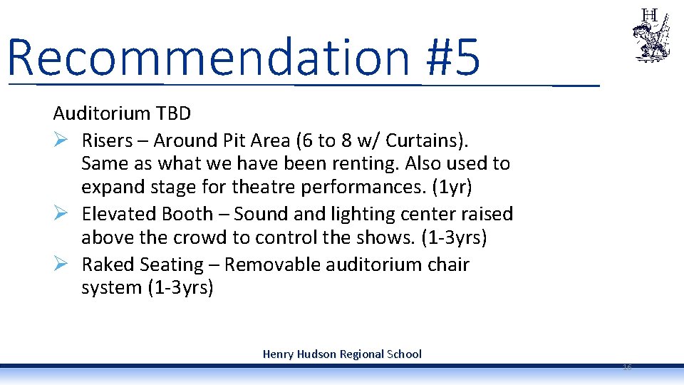 Recommendation #5 Auditorium TBD Ø Risers – Around Pit Area (6 to 8 w/