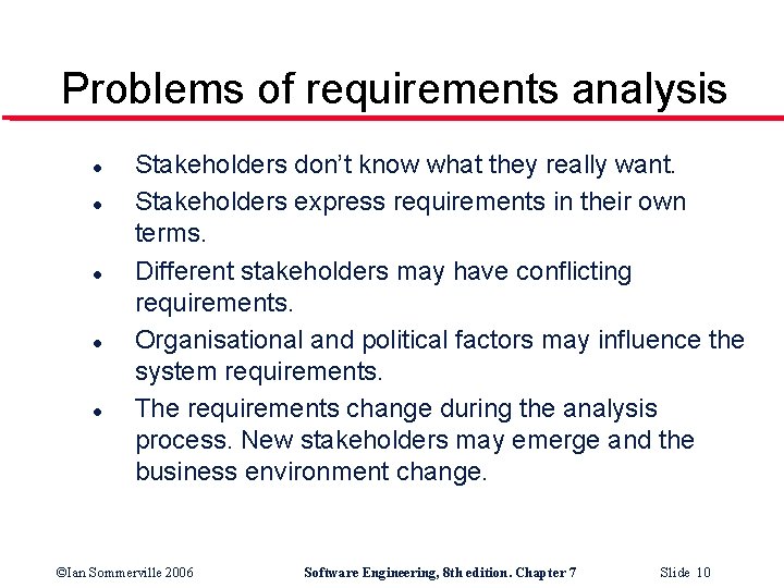 Problems of requirements analysis l l l Stakeholders don’t know what they really want.