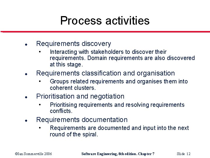 Process activities l Requirements discovery • l Requirements classification and organisation • l Groups