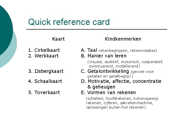 Quick reference card Kaart 1. Cirkelkaart 2. Werkkaart Kindkenmerken A. Taal rekenbegrippen, rekennotaties) B.