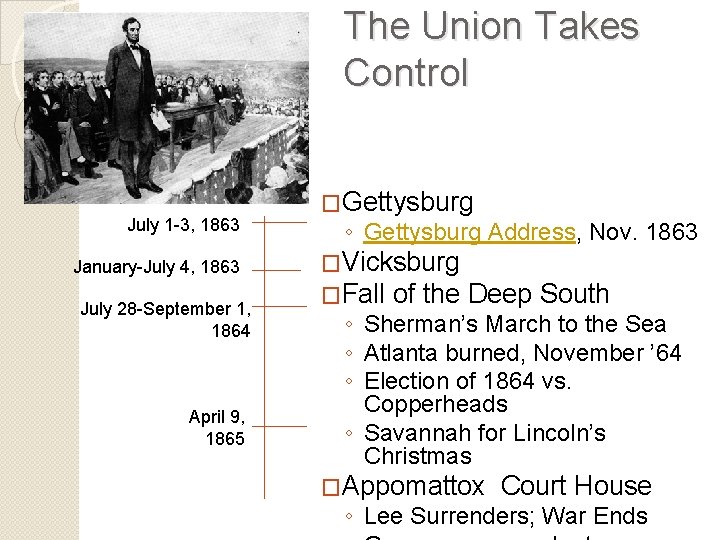 The Union Takes Control July 1 -3, 1863 January-July 4, 1863 July 28 -September