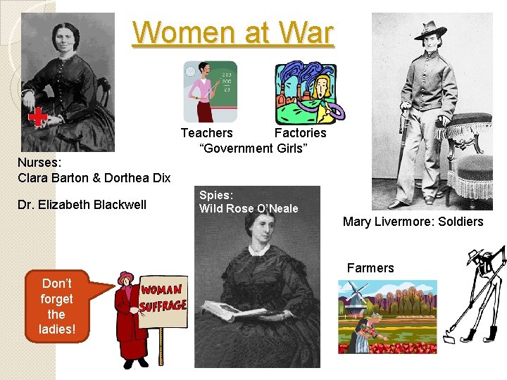 Women at War Teachers Factories “Government Girls” Nurses: Clara Barton & Dorthea Dix Dr.