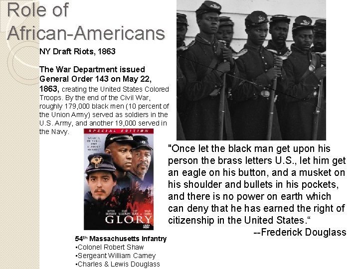 Role of African-Americans NY Draft Riots, 1863 The War Department issued General Order 143