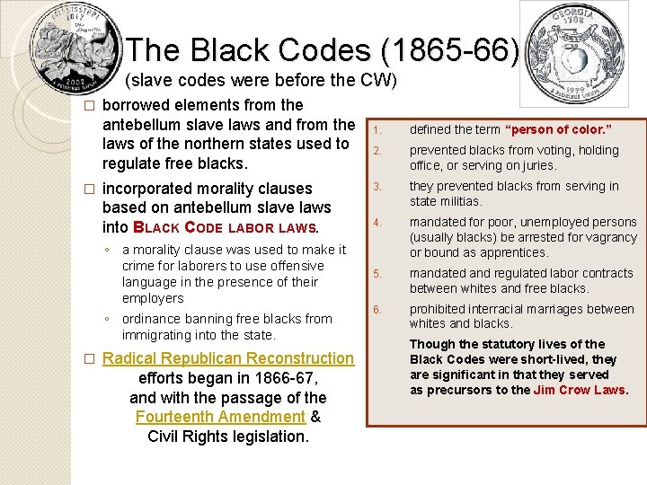 The Black Codes (1865 -66) (slave codes were before the CW) � � borrowed