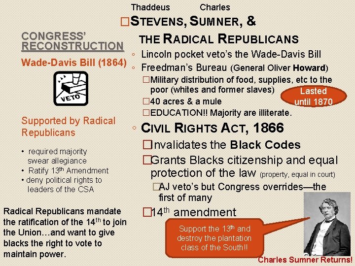 Thaddeus Charles �STEVENS, SUMNER, CONGRESS’ RECONSTRUCTION & THE RADICAL REPUBLICANS ◦ Lincoln pocket veto’s