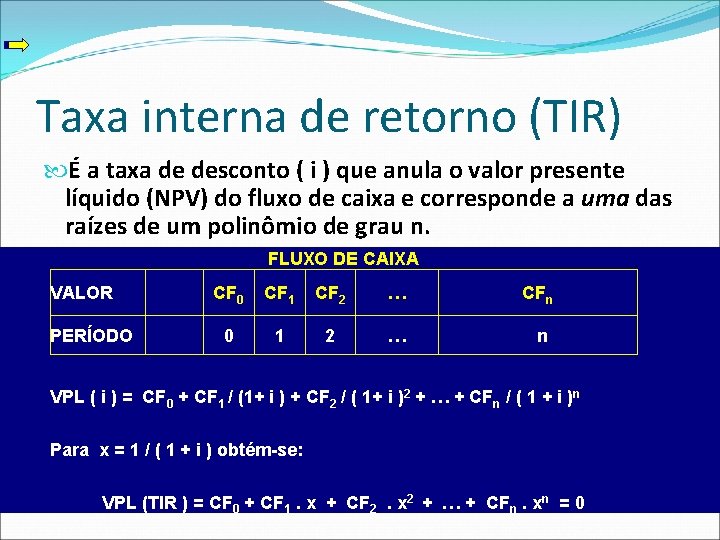 Taxa interna de retorno (TIR) É a taxa de desconto ( i ) que