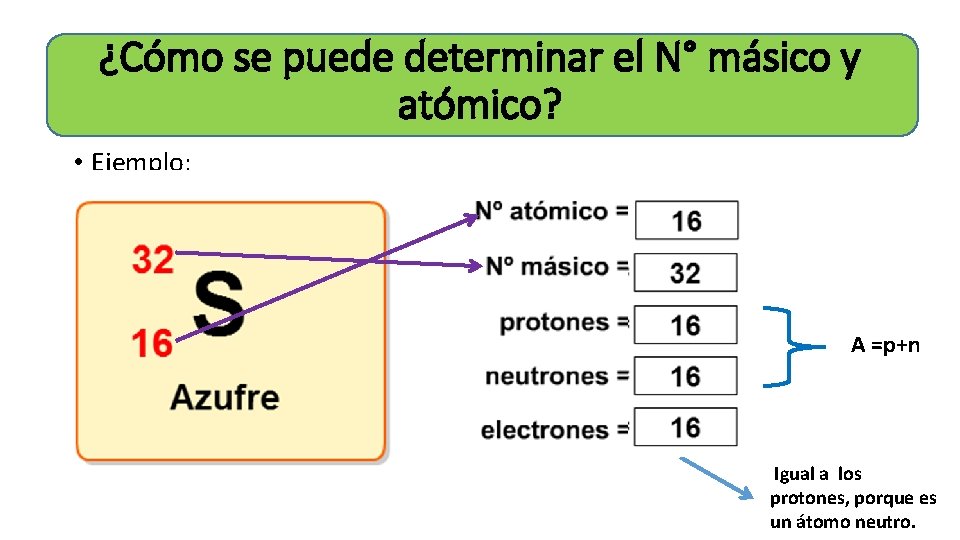 ¿Cómo se puede determinar el N° másico y atómico? • Ejemplo: A =p+n Igual