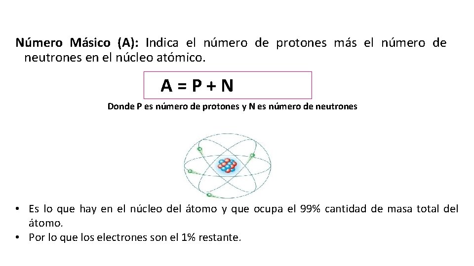 Número Másico (A): Indica el número de protones más el número de neutrones en