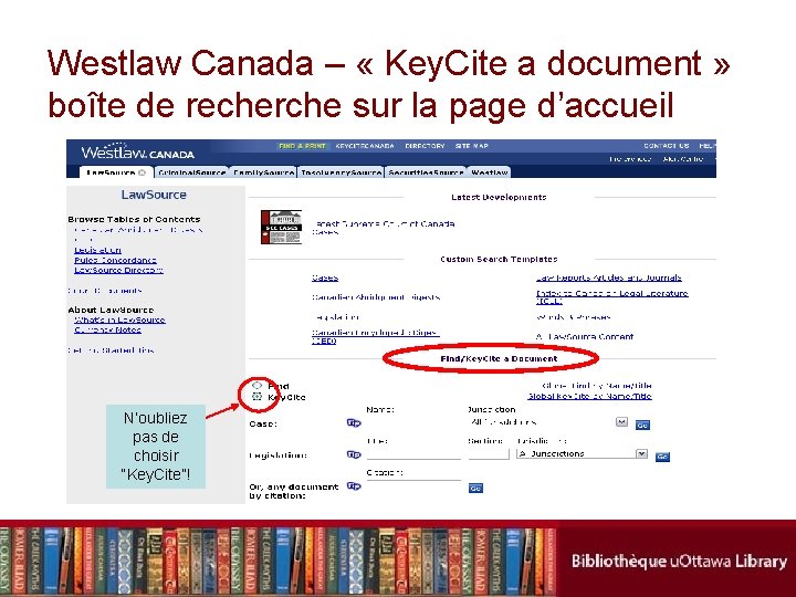 Westlaw Canada – « Key. Cite a document » boîte de recherche sur la