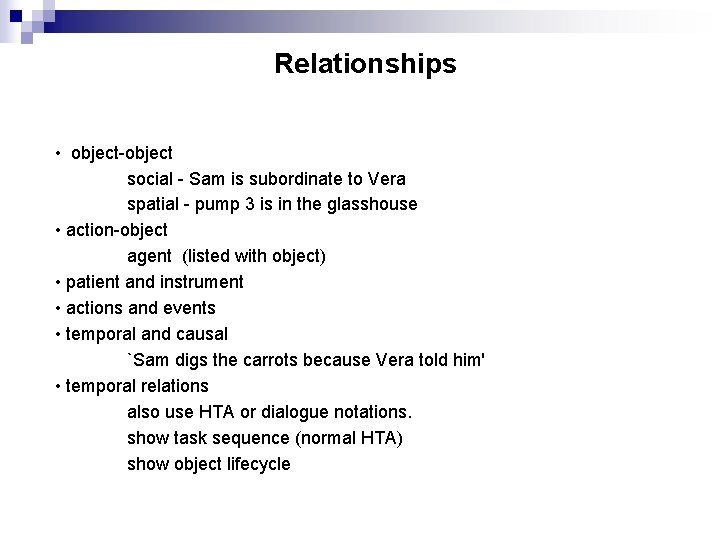 Relationships • object-object social - Sam is subordinate to Vera spatial - pump 3