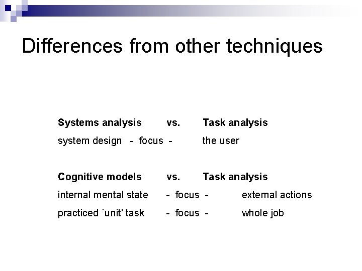 Differences from other techniques Systems analysis vs. Task analysis system design - focus -