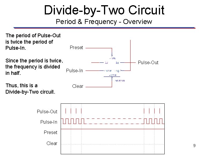 Divide-by-Two Circuit Period & Frequency - Overview The period of Pulse-Out is twice the