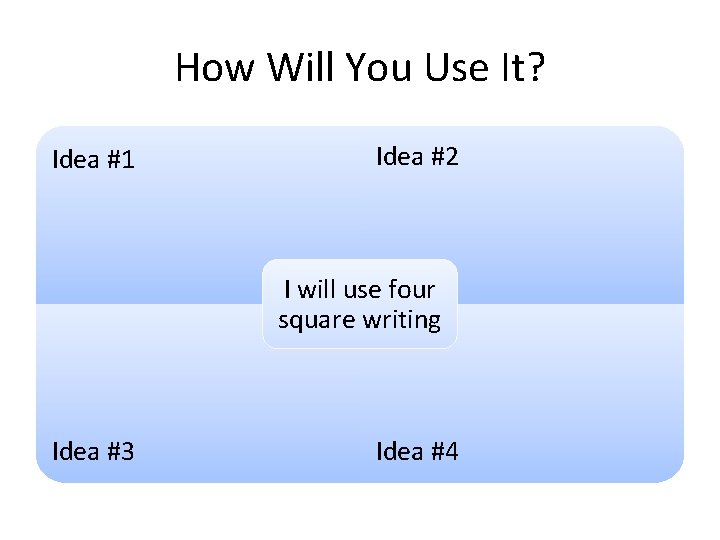 How Will You Use It? Idea #1 Idea #2 I will use four square
