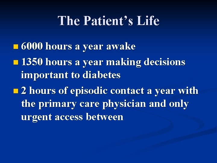 The Patient’s Life n 6000 hours a year awake n 1350 hours a year