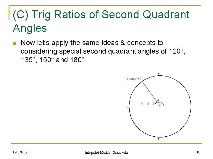 (C) Trig Ratios of Second Quadrant Angles n Now let’s apply the same ideas (C) Trig Ratios of Second Quadrant Angles n Now let’s apply the same ideas