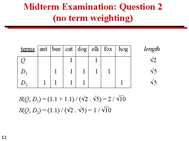 Midterm Examination: Question 2 (no term weighting) terms ant bee cat dog elk fox