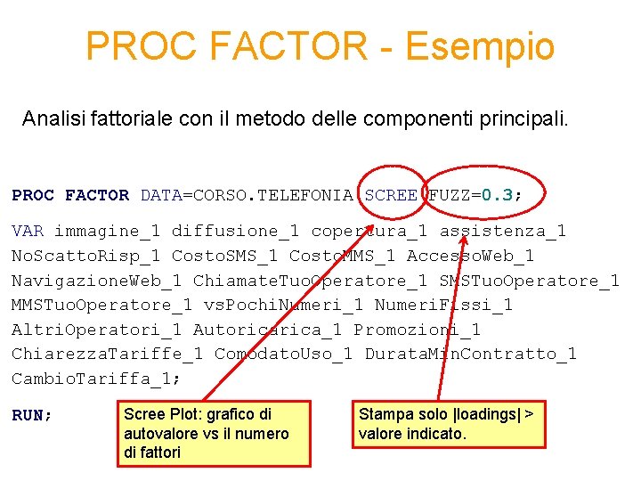 PROC FACTOR - Esempio Analisi fattoriale con il metodo delle componenti principali. PROC FACTOR