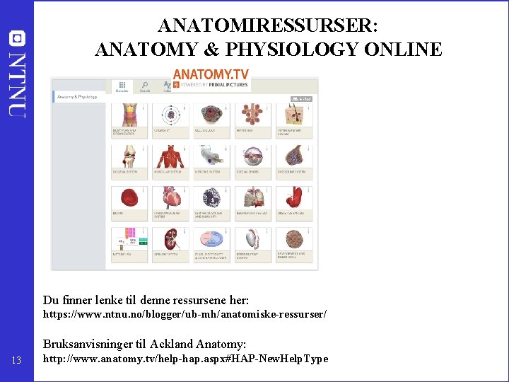 ANATOMIRESSURSER: ANATOMY & PHYSIOLOGY ONLINE Du finner lenke til denne ressursene her: https: //www.