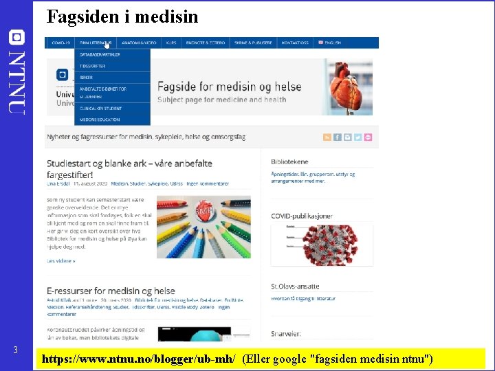 Fagsiden i medisin 3 https: //www. ntnu. no/blogger/ub-mh/ (Eller google "fagsiden medisin ntnu") 