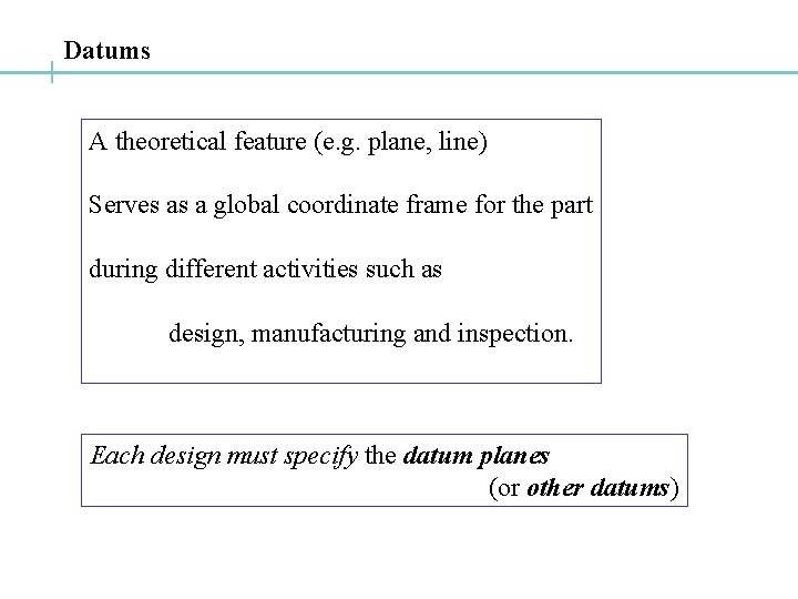 Datums A theoretical feature (e. g. plane, line) Serves as a global coordinate frame