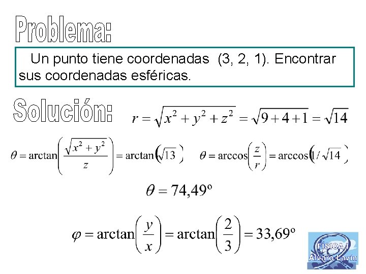 Un punto tiene coordenadas (3, 2, 1). Encontrar sus coordenadas esféricas. 