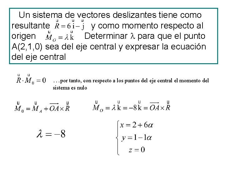 Un sistema de vectores deslizantes tiene como resultante y como momento respecto al origen