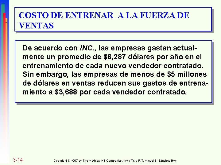 COSTO DE ENTRENAR A LA FUERZA DE VENTAS De acuerdo con INC. , las