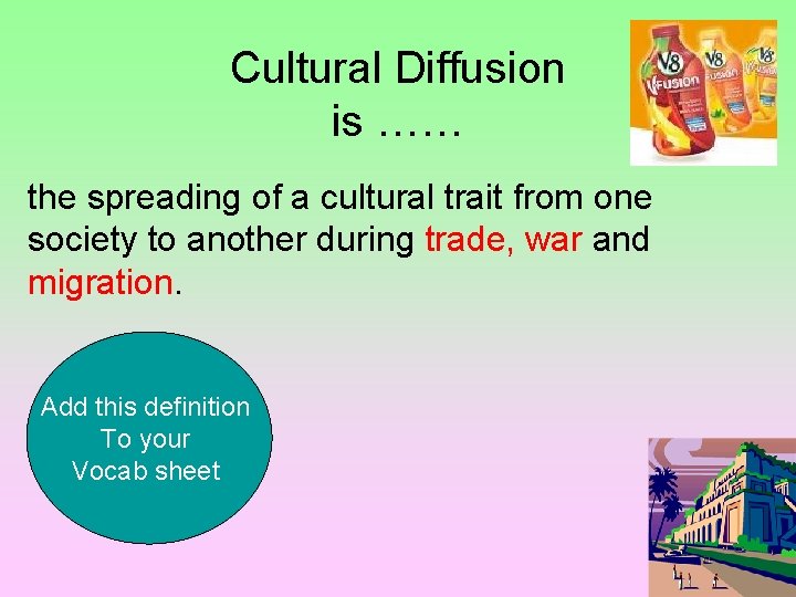 Cultural Diffusion is …… the spreading of a cultural trait from one society to