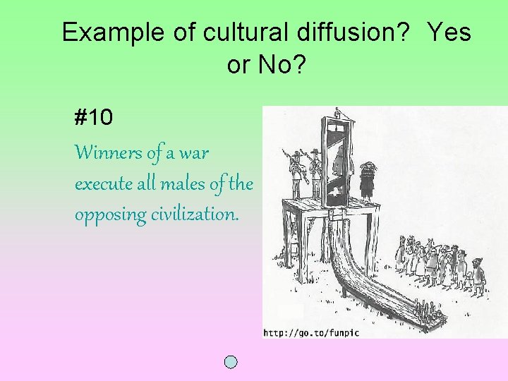 Example of cultural diffusion? Yes or No? #10 Winners of a war execute all