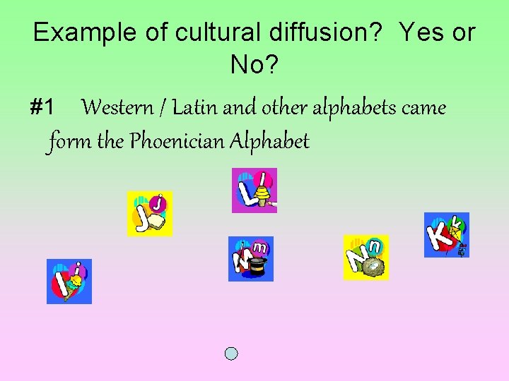 Example of cultural diffusion? Yes or No? #1 Western / Latin and other alphabets